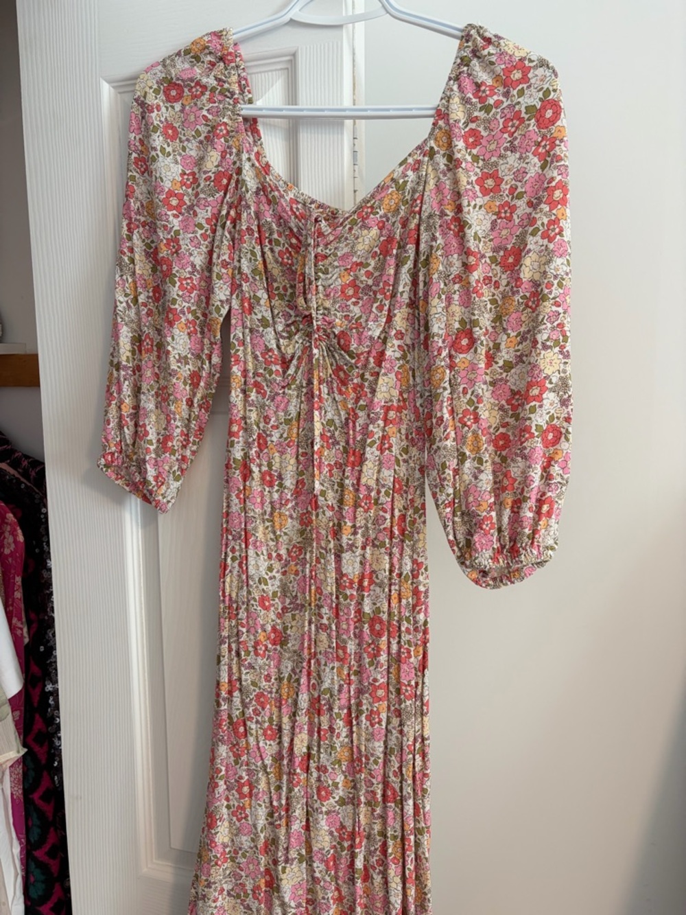 H&M Pink Floral Maxi Dress with Puff Sleeves